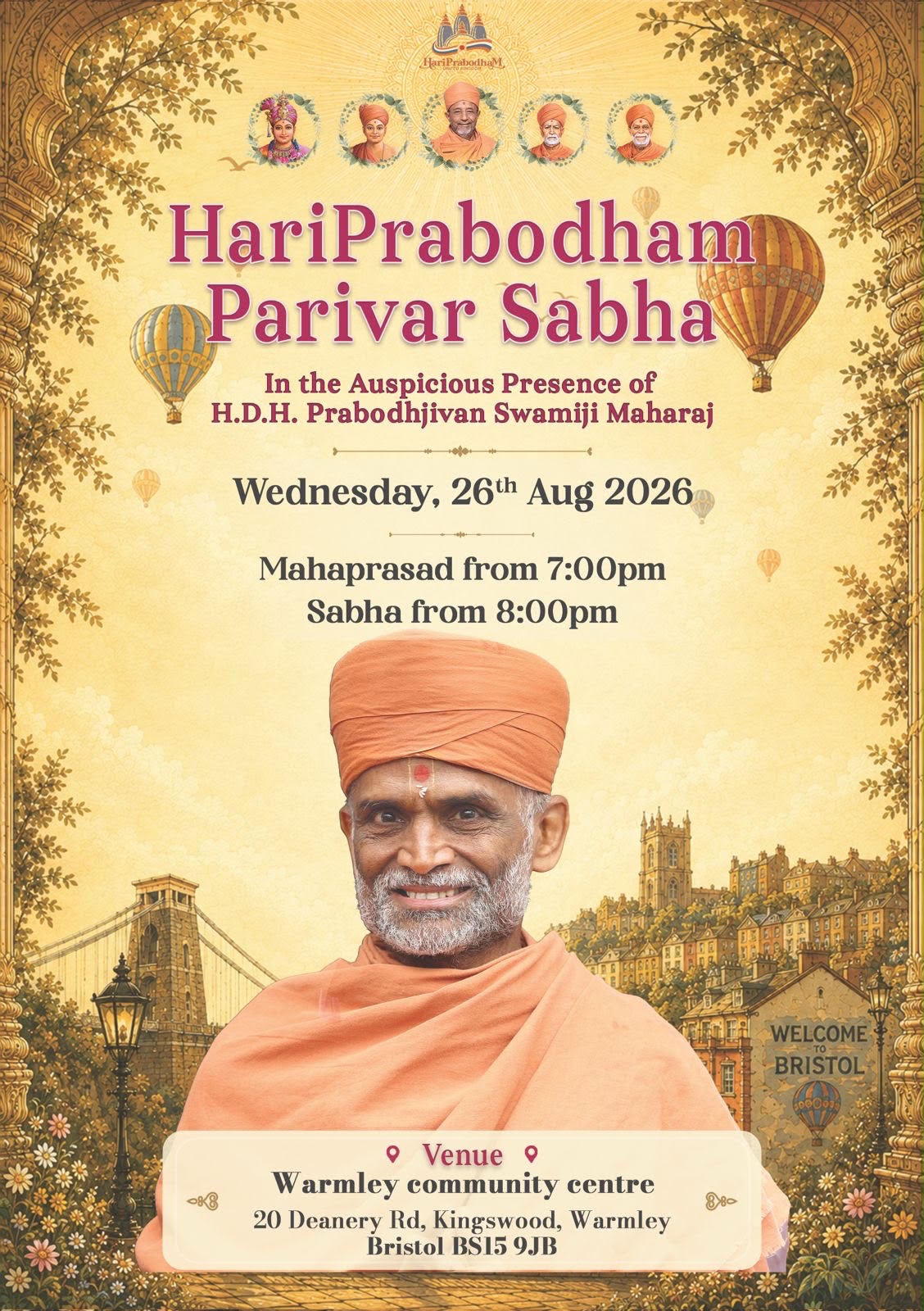 HariPrabodham Parivar Sabha in Bristol in the auspicious presence of HDH Prabodhjivan Swamiji Maharaj, Wednesday 26th August 2026